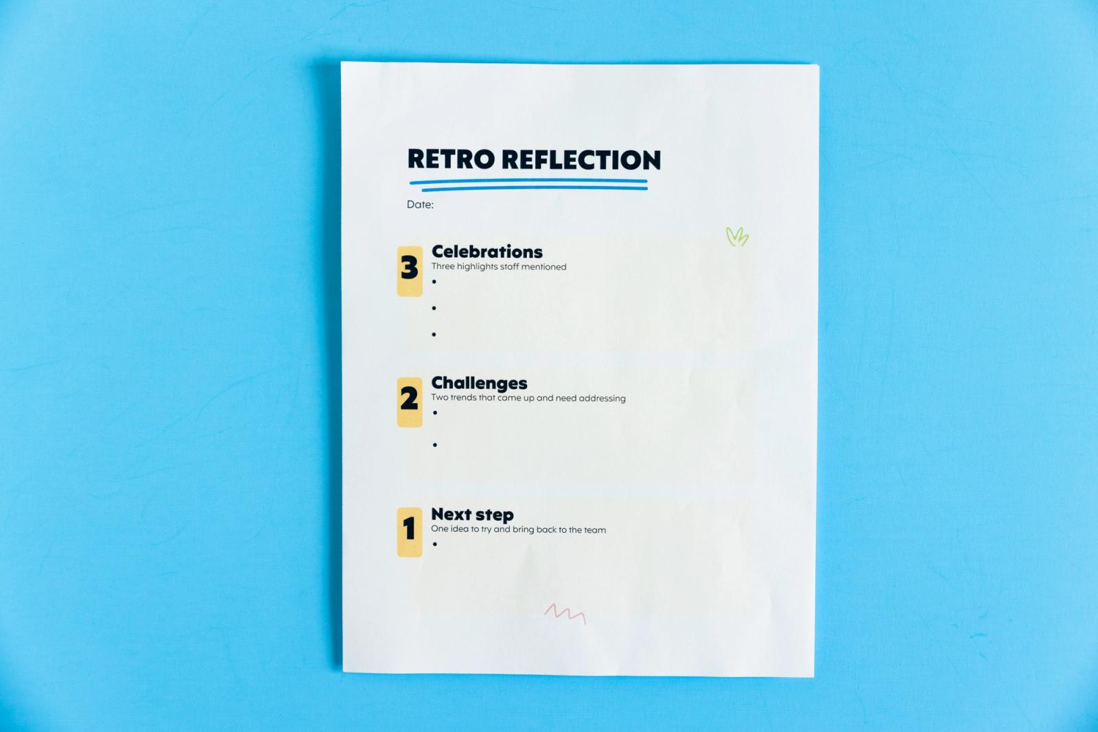 A sheet of paper that says "retro reflection" lays on a light blue background.