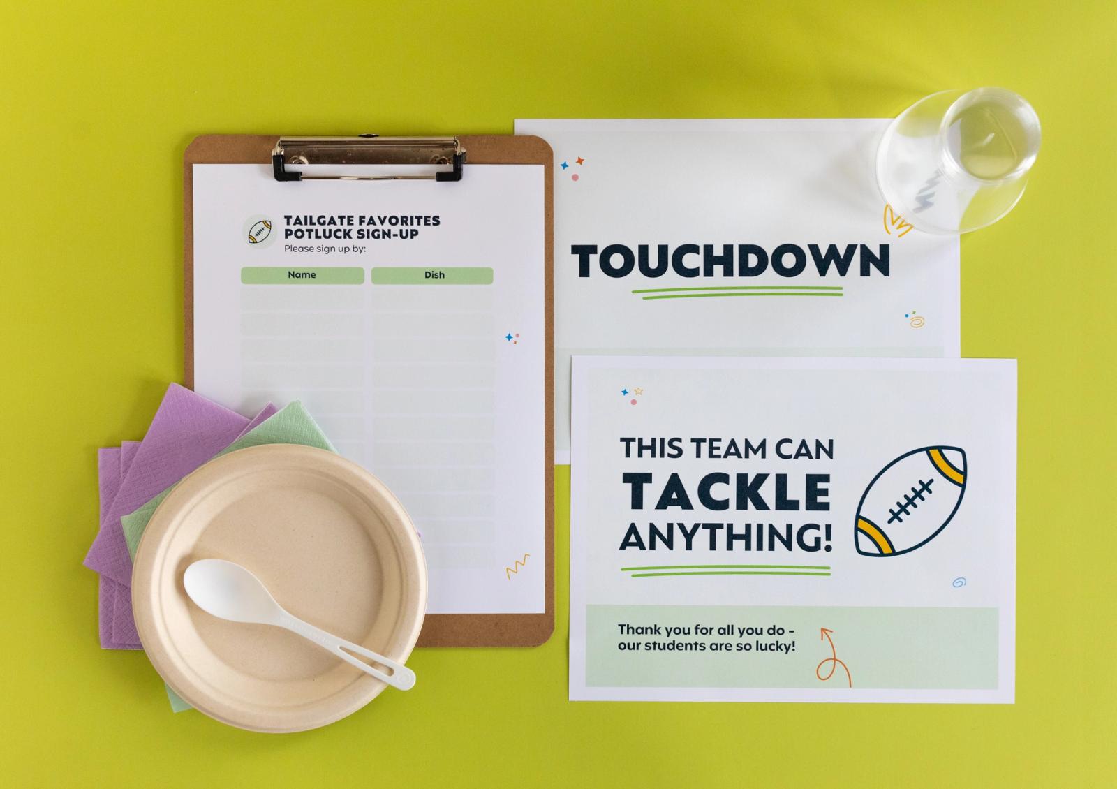 A poster with football themed messages, a clipboard, a paper plate, plastic spoon, and colorful napkins lay on a bright green background.