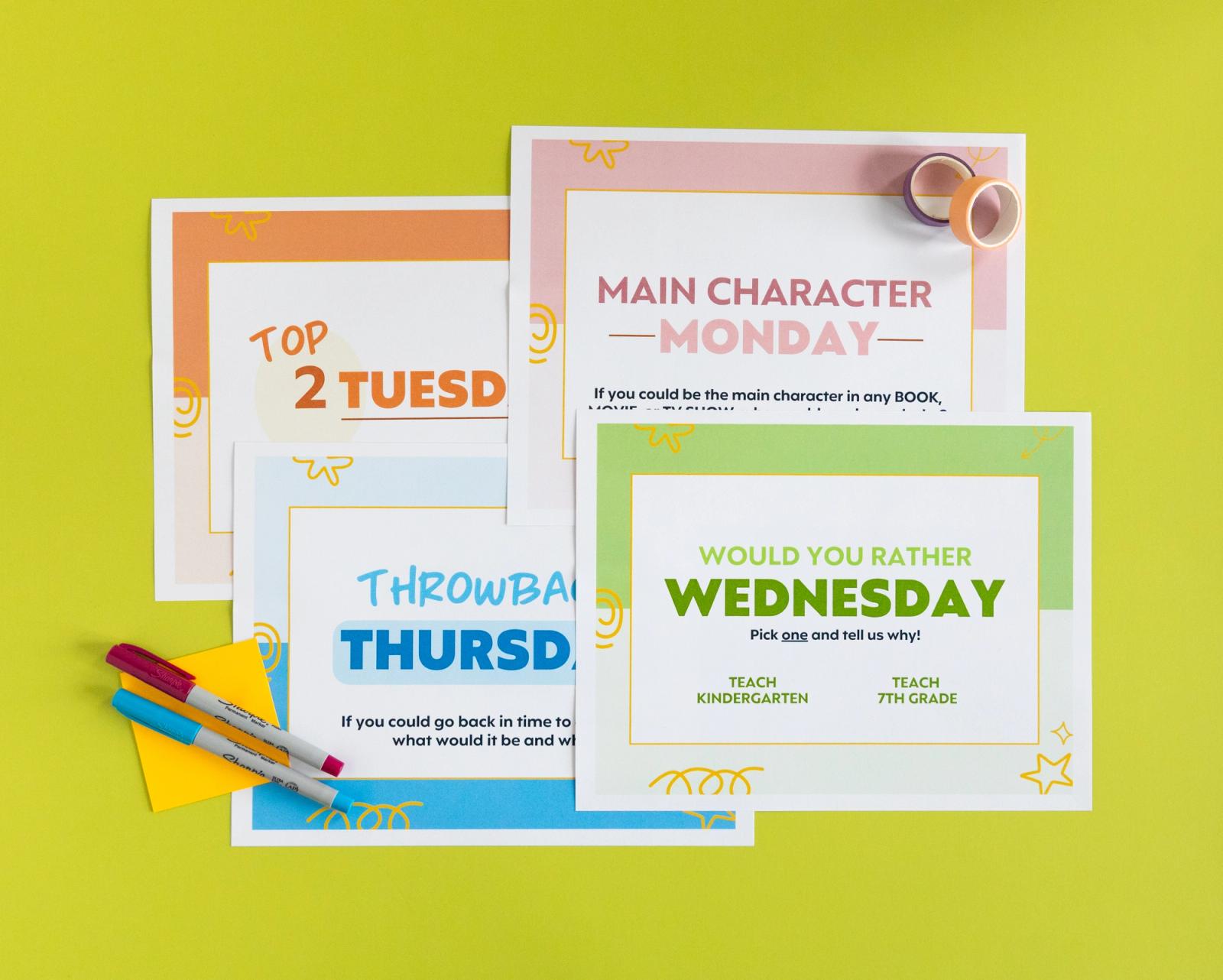 Four pieces of paper with days of the week on them, pens, and sticky notes lay on a bright green background.