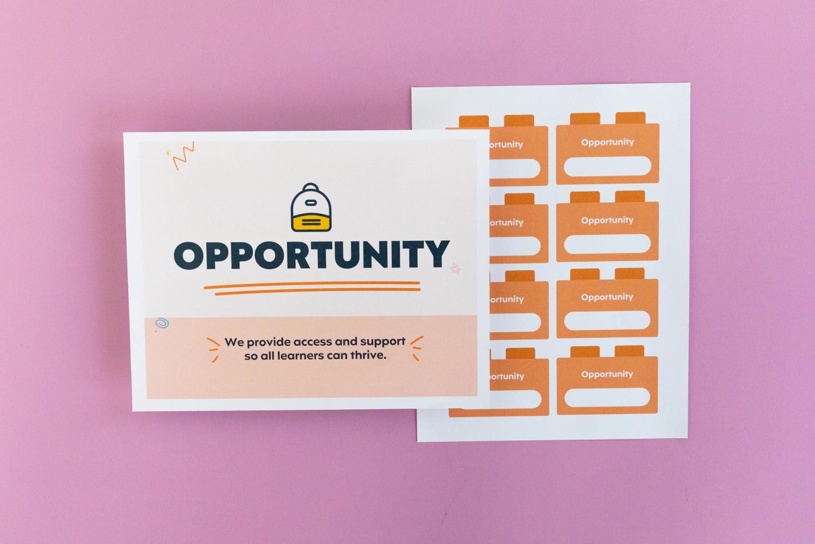 Sheet of paper that says "opportunity" and another with small squares on it lay on a pink background.