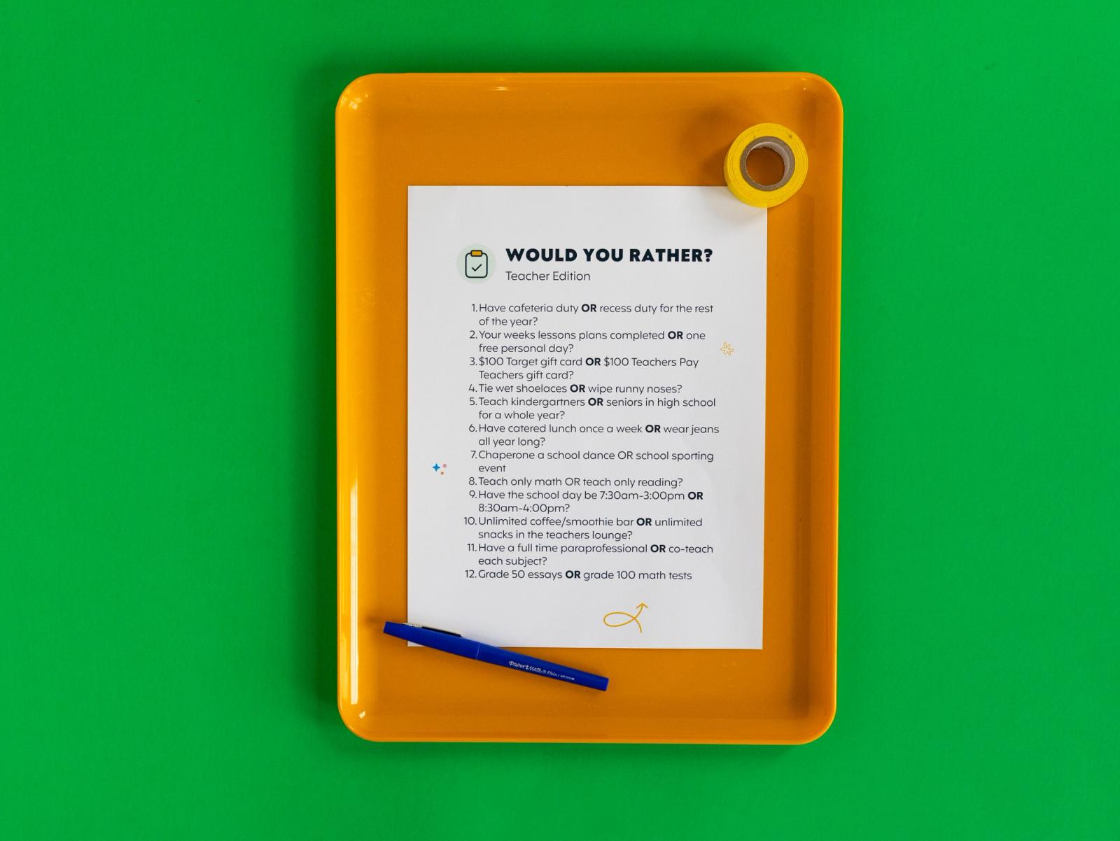 A sheet of paper, pen, and roll of tape lay on an orange tray on a green background.
