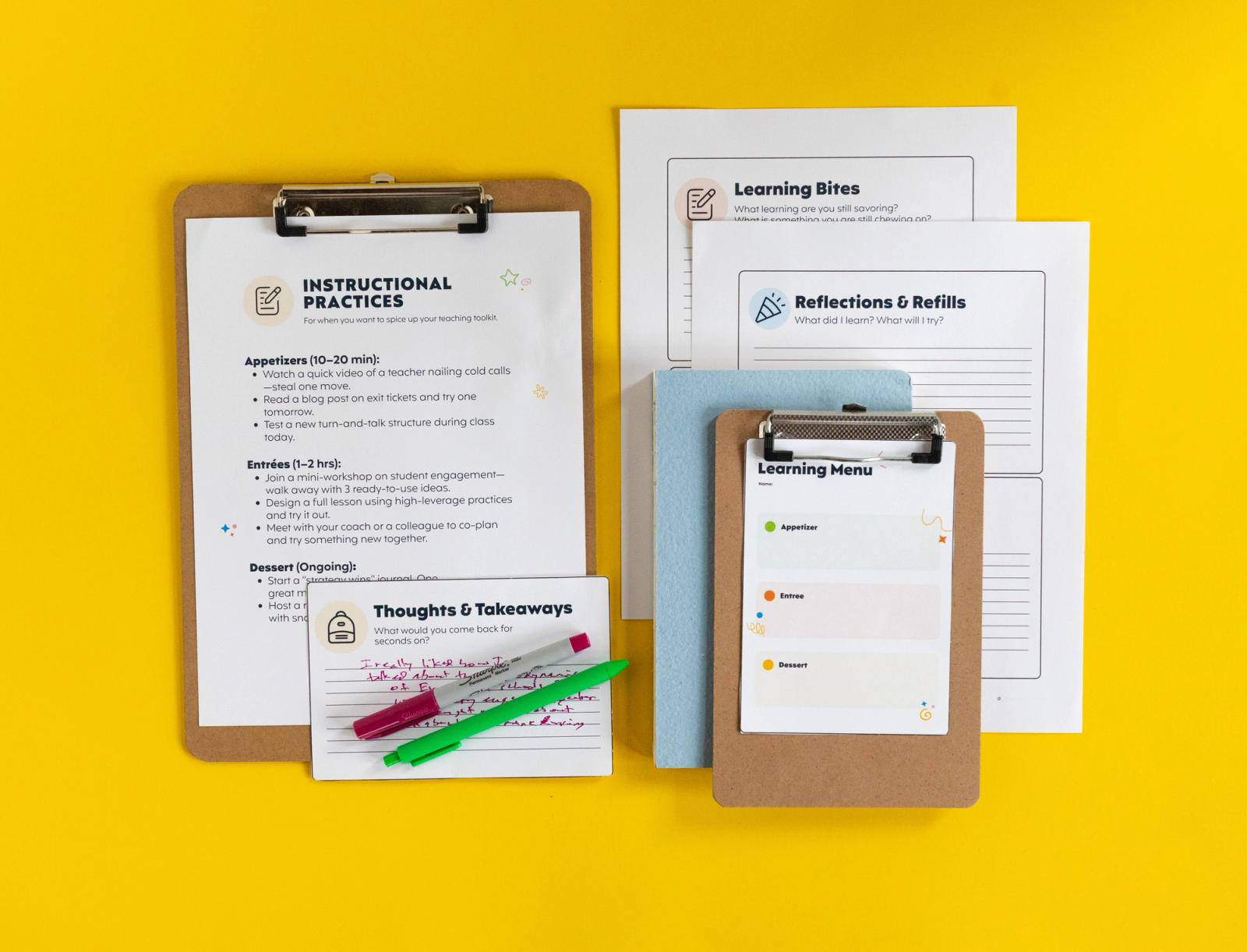 A large clipboard with a piece of paper on it lays on a yellow background. Next to it are more papers and a smaller clipboard with a "learning menu" on it.