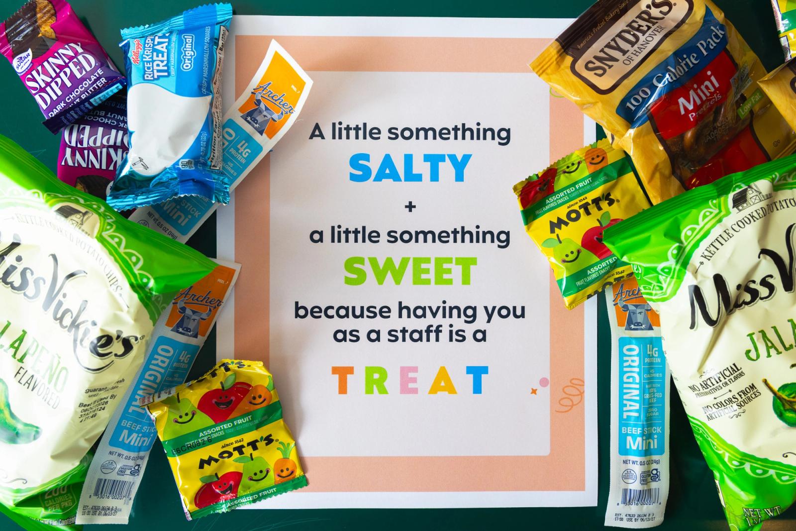 Sheet of paper that says "salty sweet treat" and snacks around it lay on a table.