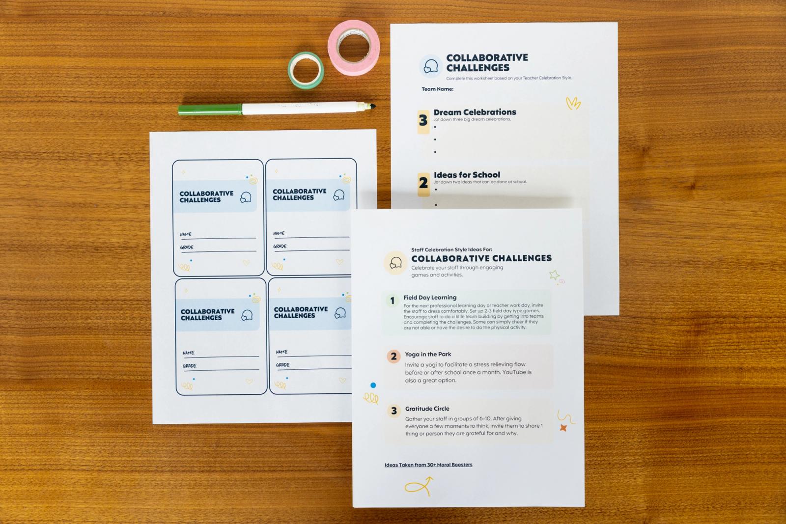 Three sheets of paper that say "collaborative challenges," tape, and marker lay on a table.