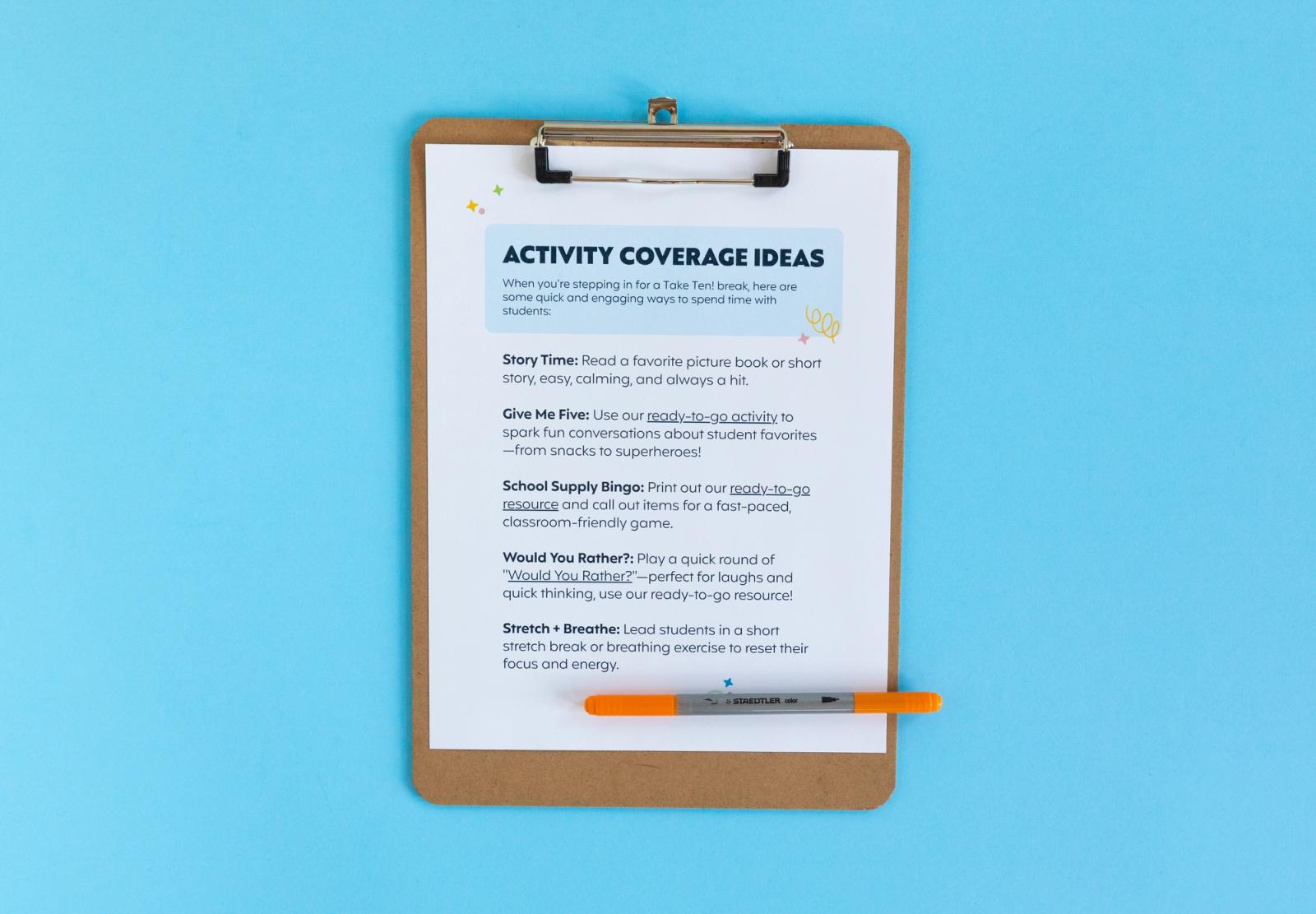 A piece of paper on a clipboard with an orange pen on top lays on a light blue background.