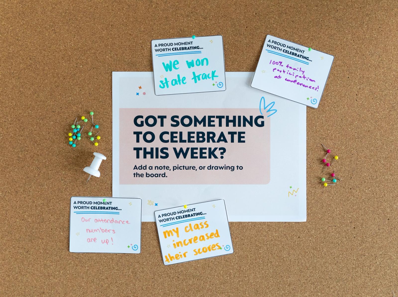 A poster that says "got something to celebrate this week" is on a bulletin board. Notecards with written notes and pins surround it.
