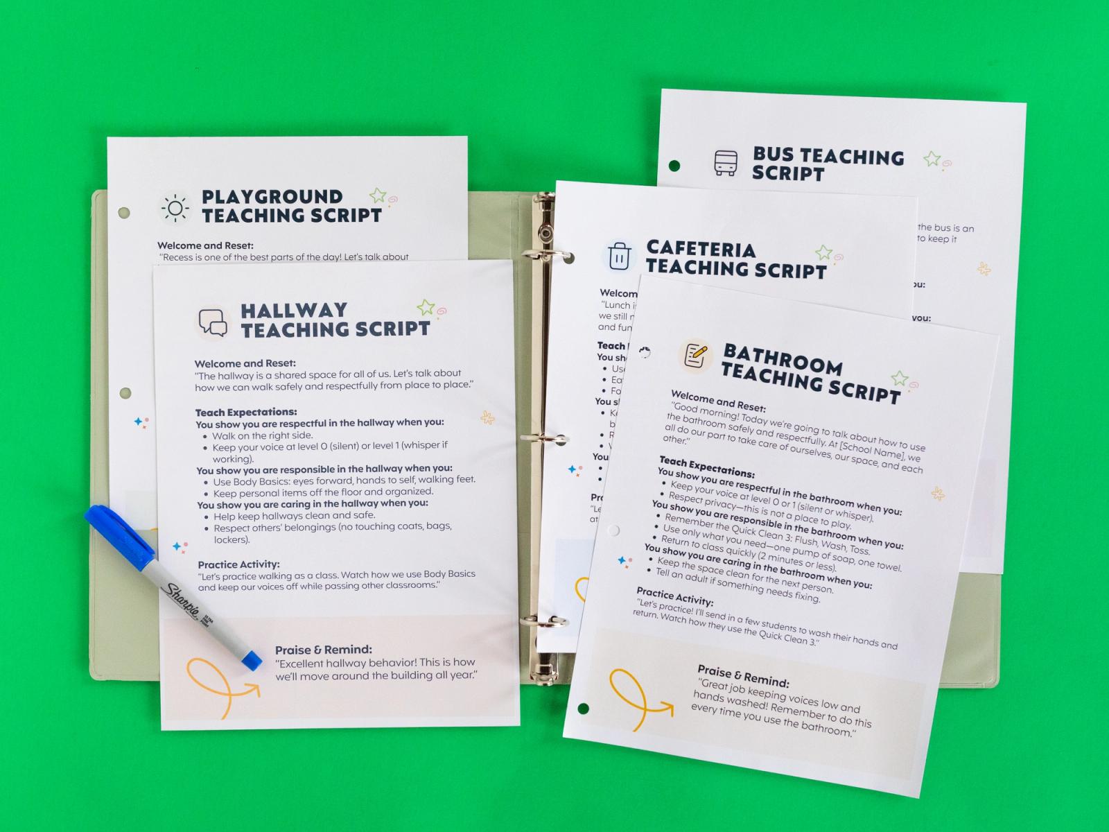 A binder with multiple sheets of paper and pen on it lays on a green background.