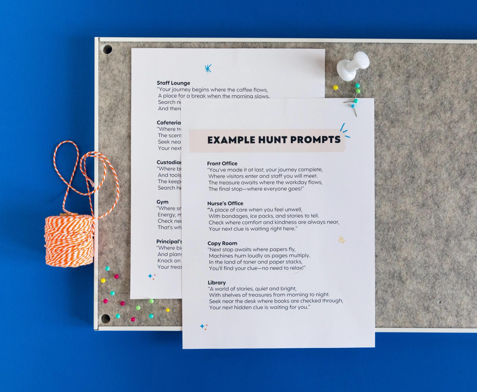 A bulletin board lays on a blue background. On the board are two sheets of paper, one says "example hunt prompts" and beside it is a spool of thread.