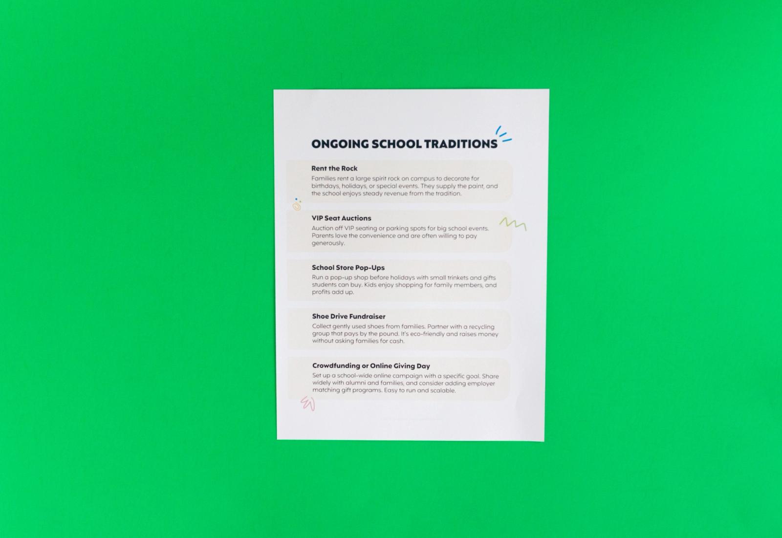 Sheet of paper that says "ongoing school traditions" on it lay on a green background.