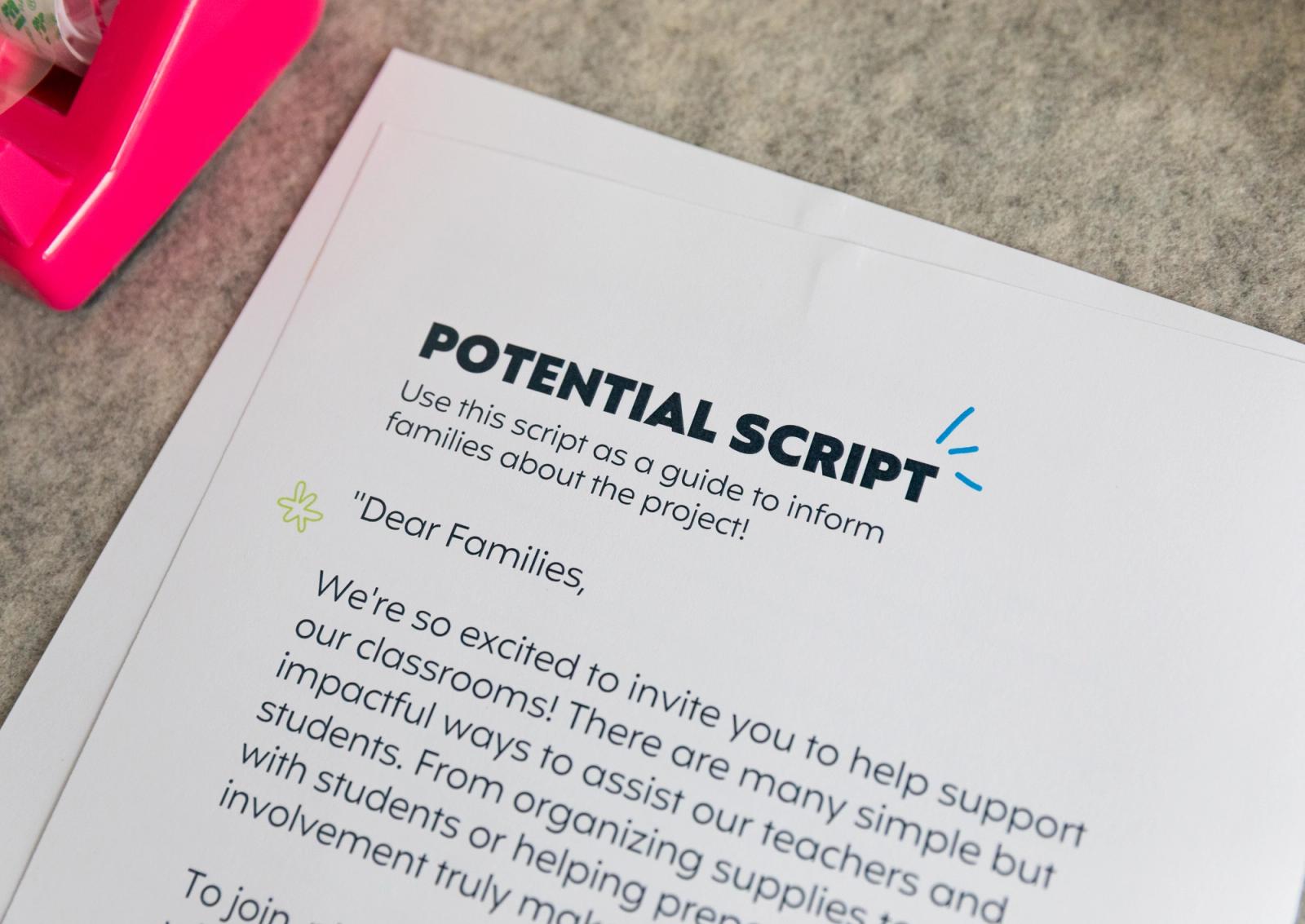 A sheet of paper that says "potential script" lays on a gray background.