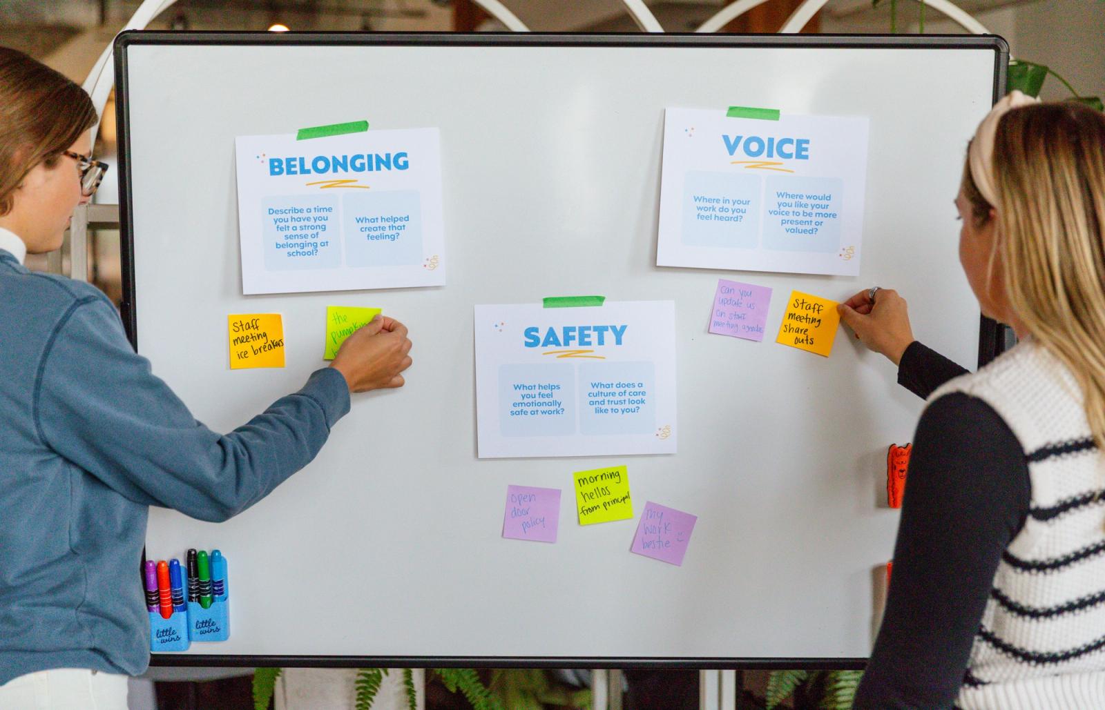Two women stand in front of a whiteboard placing sticky notes underneath posters that say belonging, safety, and voice.
