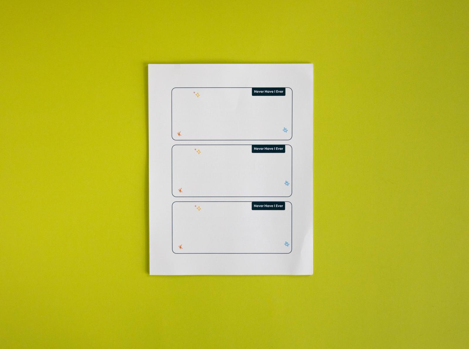 Sheet of paper that says "never have I ever" lays on a light green background.