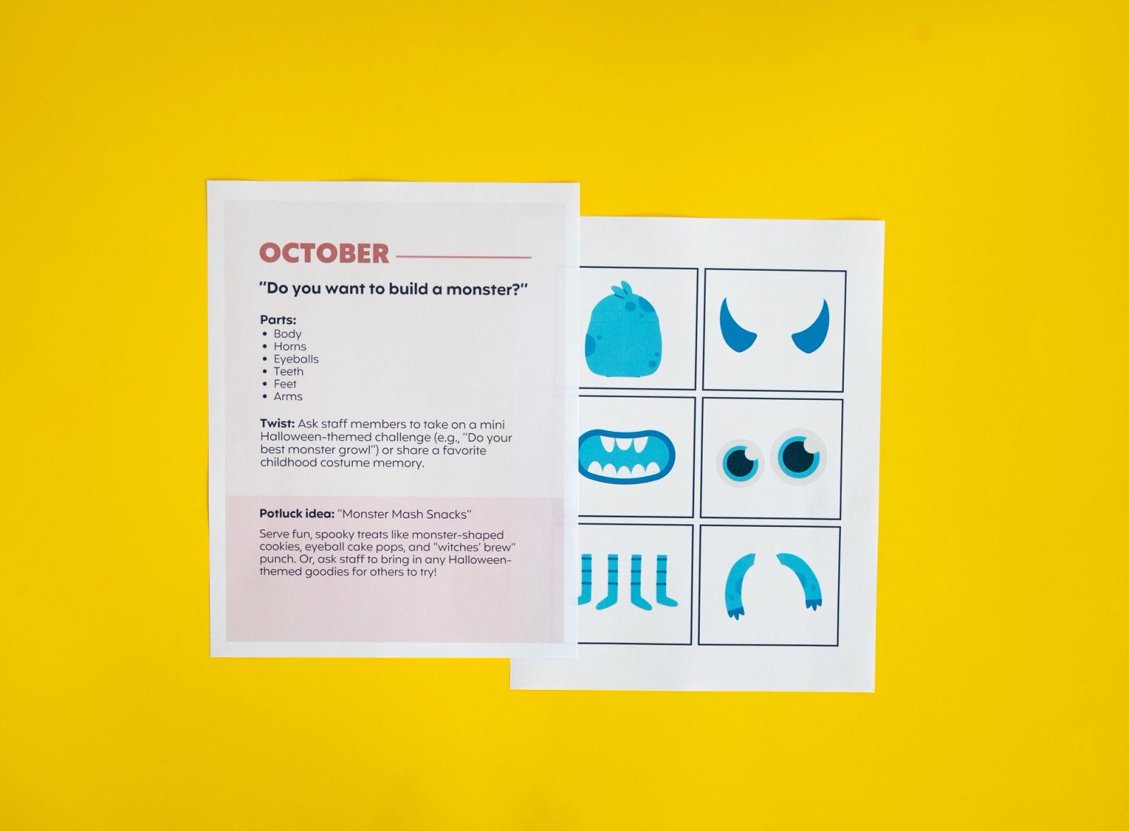 Two sheets of paper, one with small images on it, lay on a yellow background.