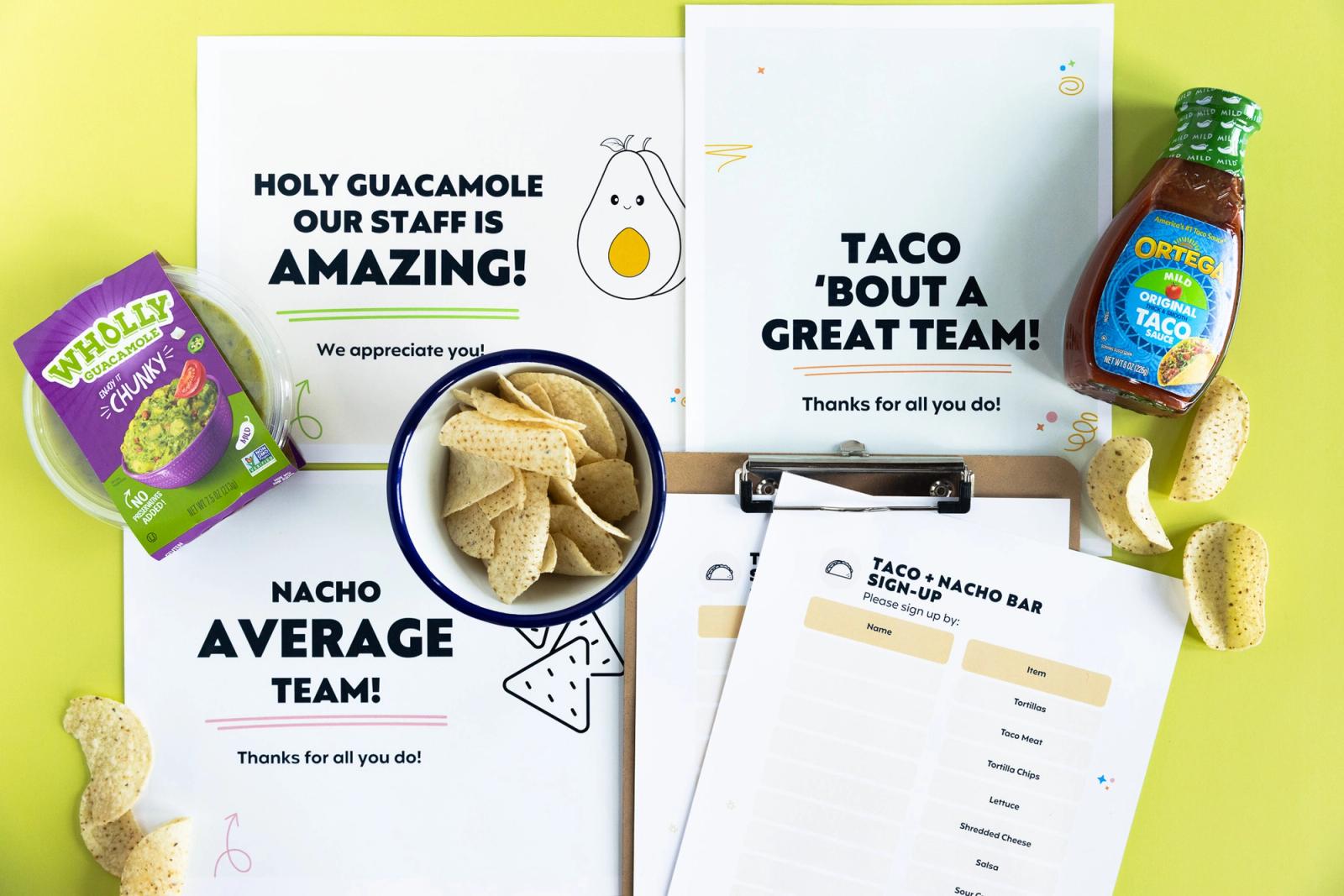 Four sheets of paper lay on a light green background. Taco ingredients lay scattered around the papers.