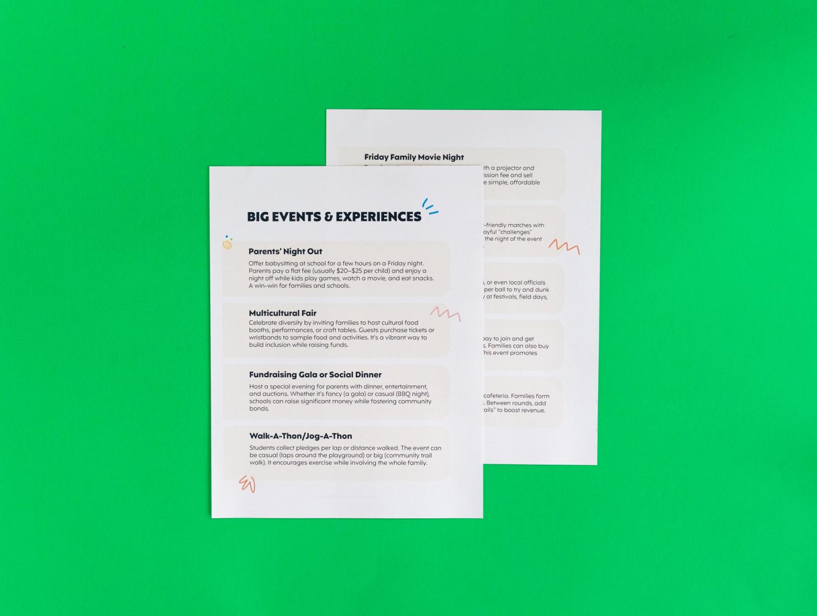 Two sheets of paper that say "big events and experiences" on it lay on a green background.