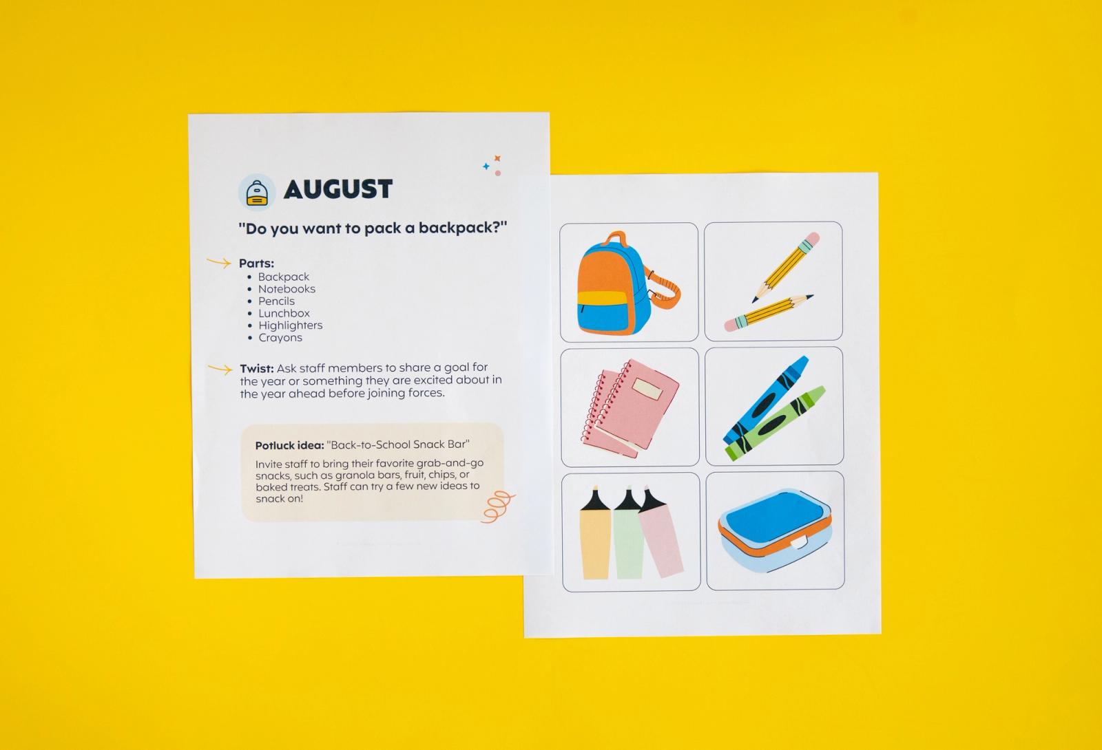 Two sheets of paper, one with small images on it, lay on a yellow background.
