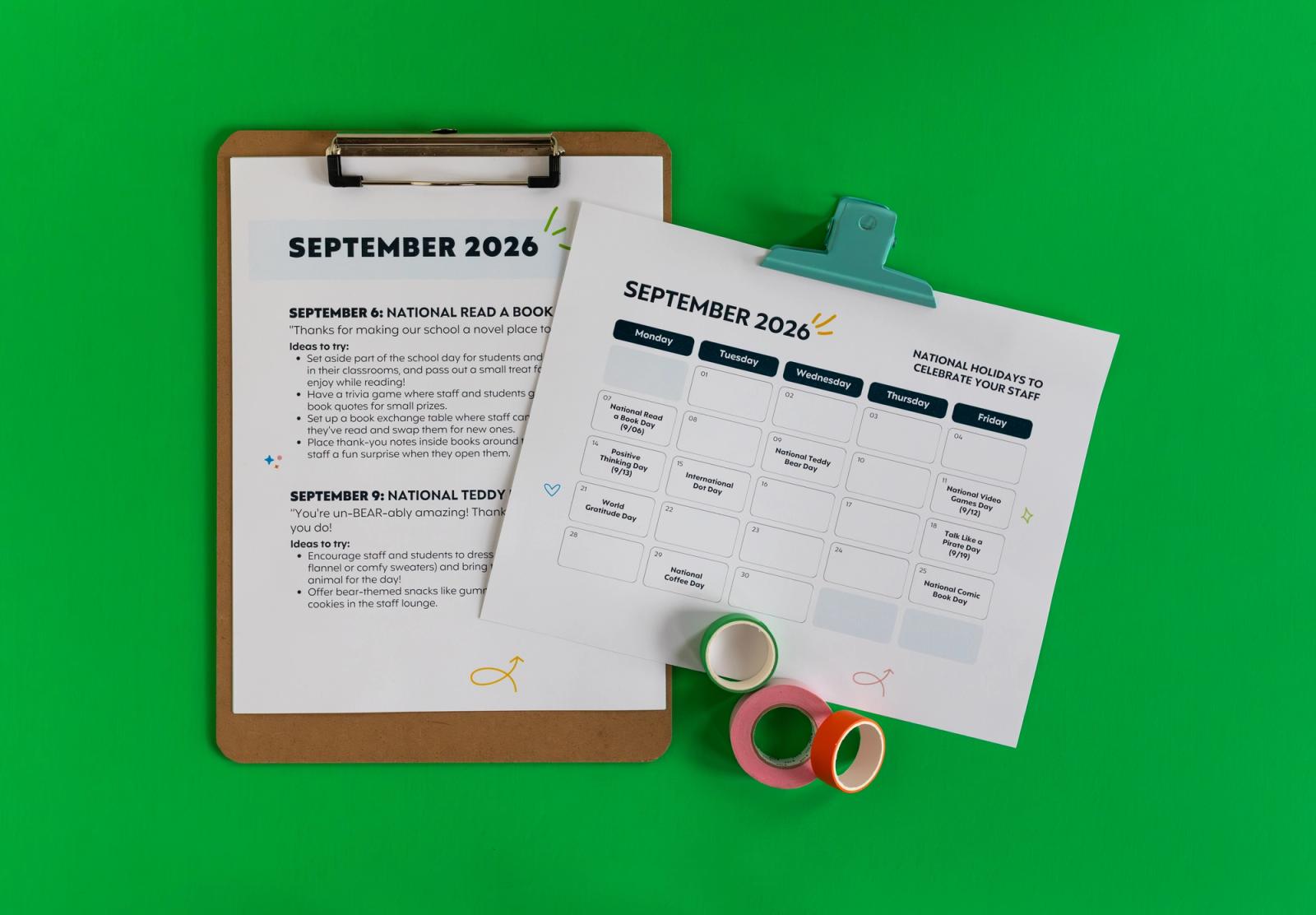 A clipboard with a sheet of paper lays on a green background. A September calendar and rolls of tape lay on top and to the side of it.