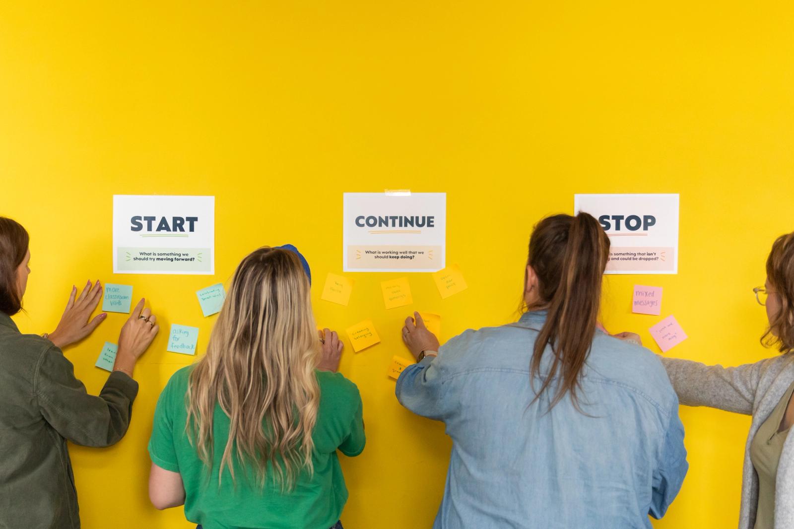Four women stand in front of a yellow wall placing sticky notes under pieces of paper that say "start, stop, continue."