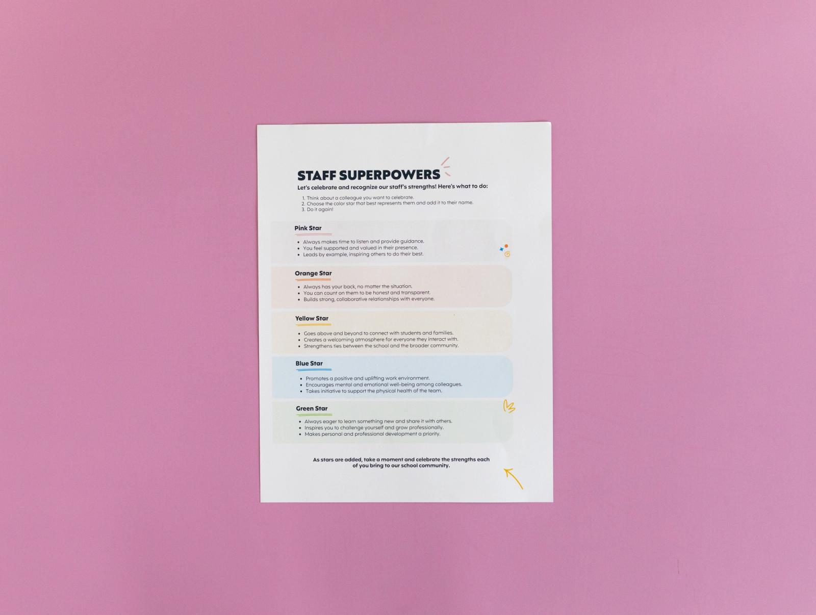 A sheet of paper that says "staff superpowers" on it lays on a pink background.