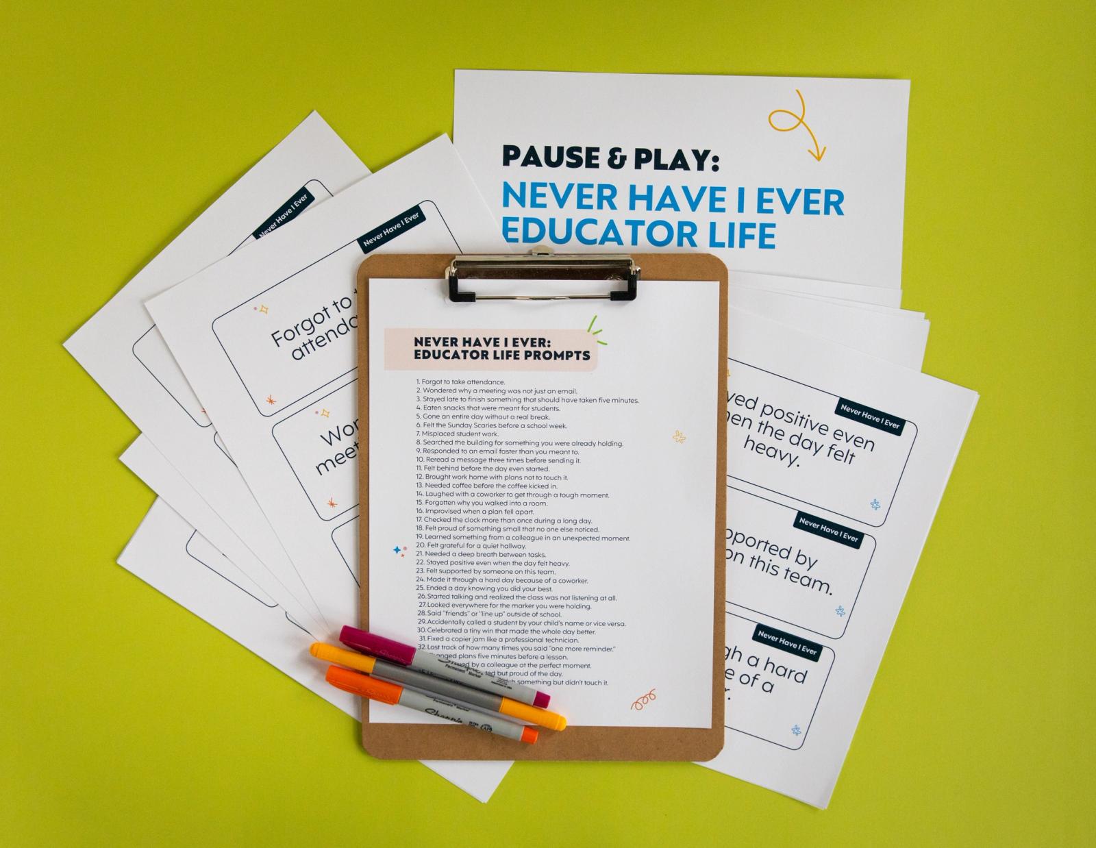 Sheets of paper, clipboard, markers lay on a light green background.