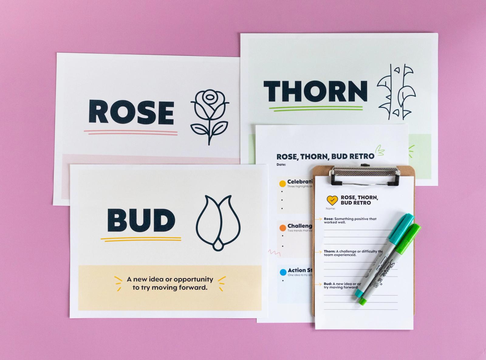 Three sheets of paper that say "rose," "bud," and "thorn" on them lay on a light purple background. Next to them is a piece of paper, clipboard with a paper on it, and two pens.