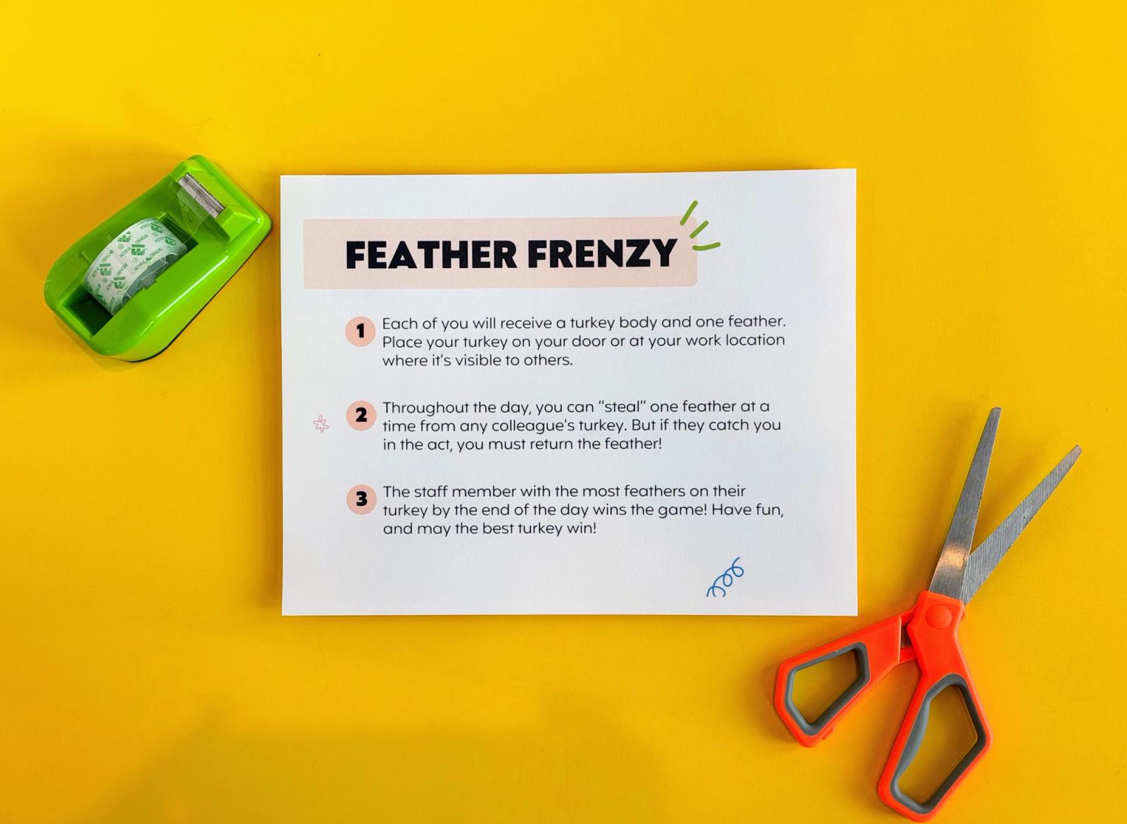 Feather Frenzy directions card with three steps for a Thanksgiving staff game, next to tape and orange scissors