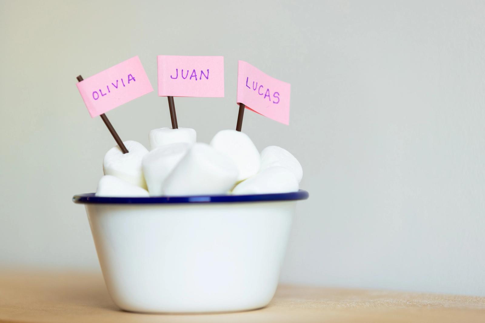 A bowl of jumbo marshmallows sits on a shelf. Three toothpicks with paper flags and names on them are stuck in the marshmallows.