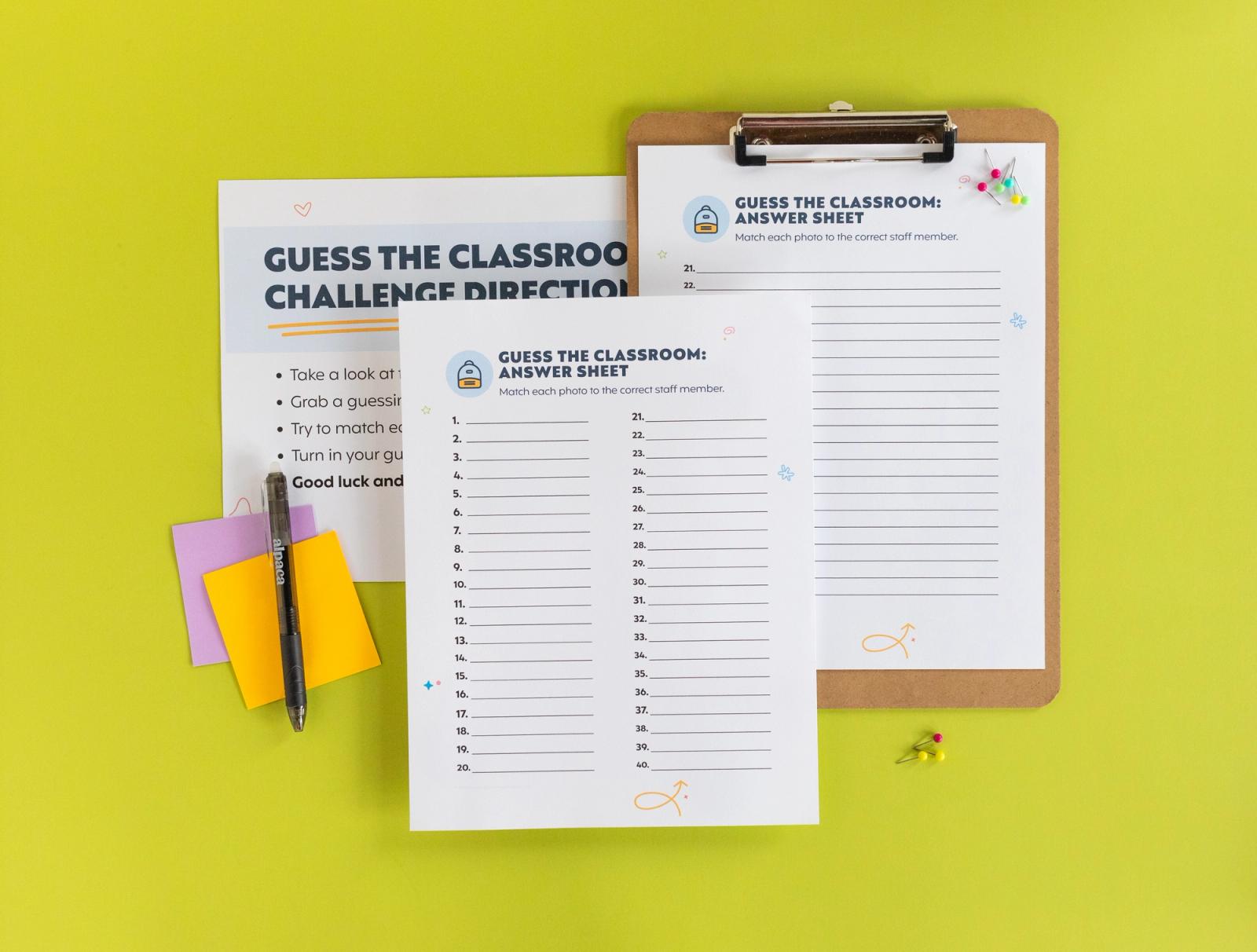 Sheets of paper, clipboard, pens, and sticky notes lay on a light green background.