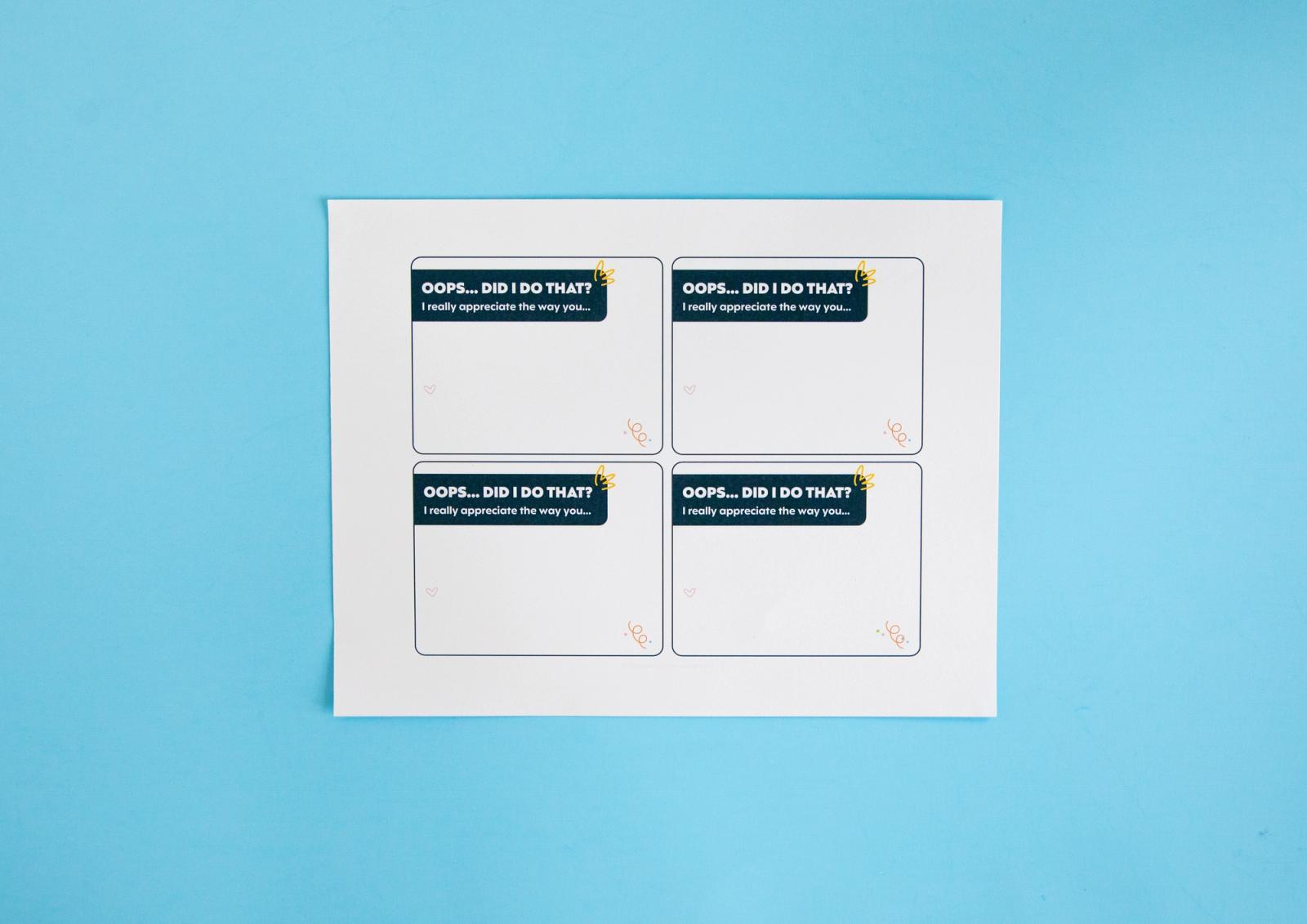 Sheet of paper with notecards that say "oops... did I do that?" lays on a light blue background.