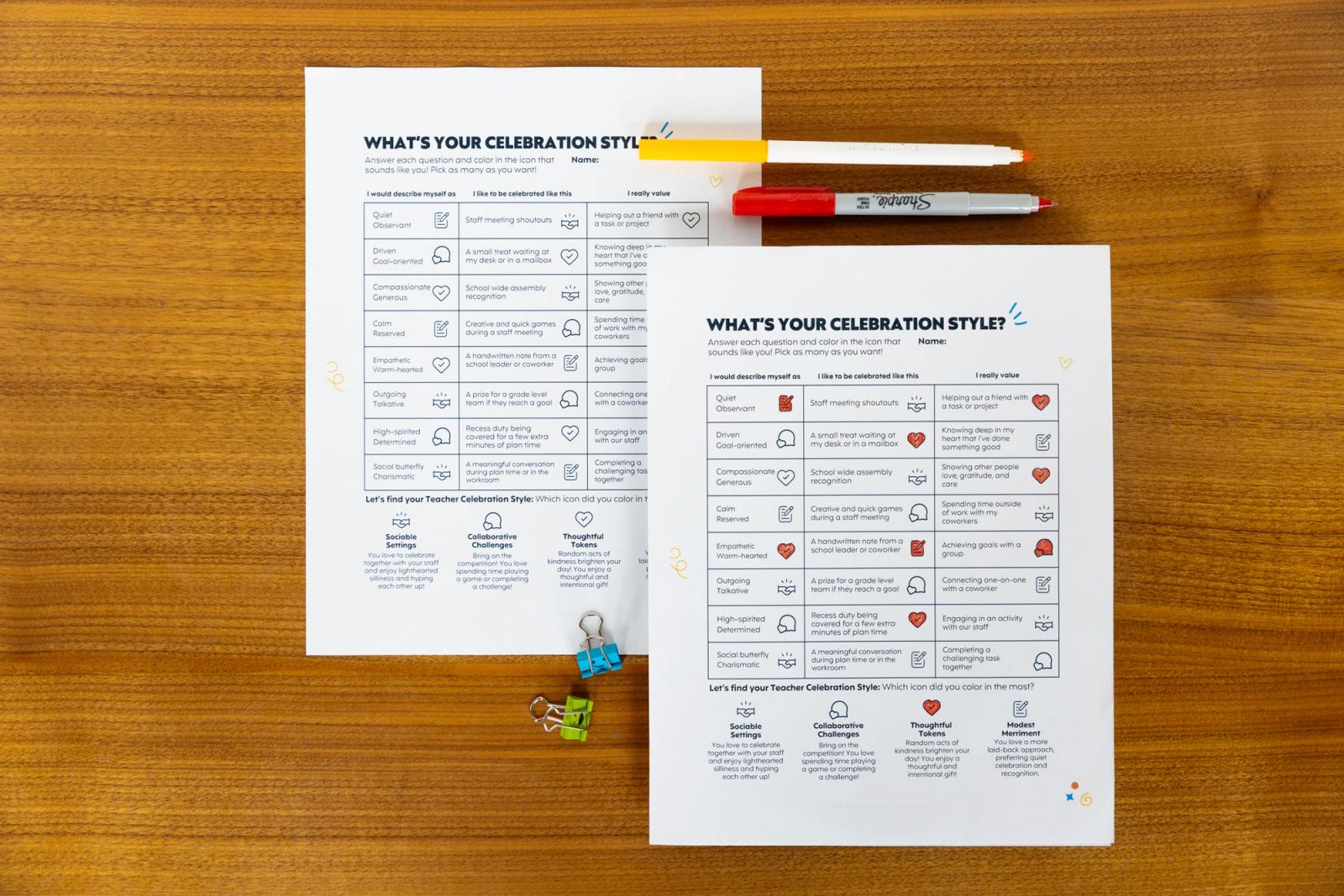 Two sheets of paper and markers lay on a table.