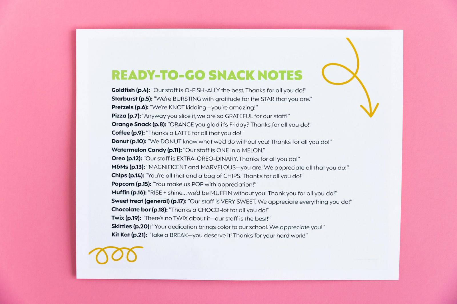 A sheet of paper with a list of snacks lays on a pink background.
