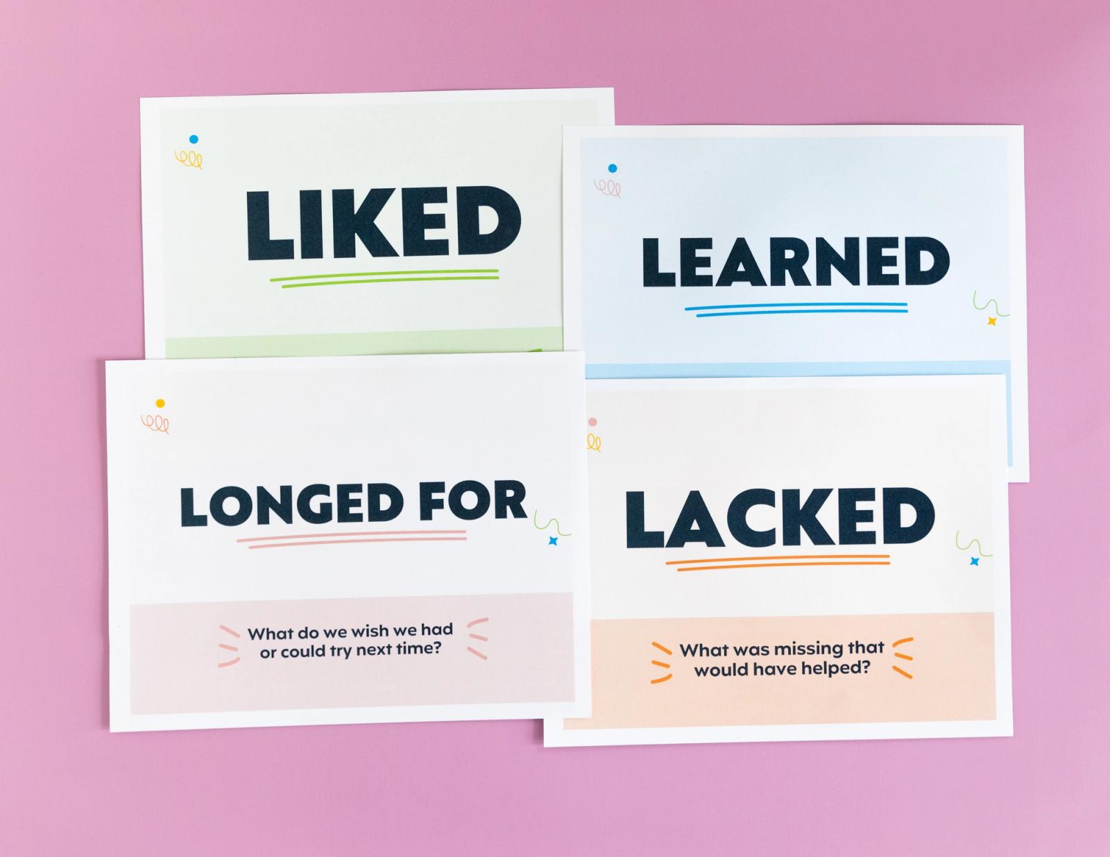 Four sheets of paper with the words "liked, learned, longed for, and lacked" on them lay on a pink background.