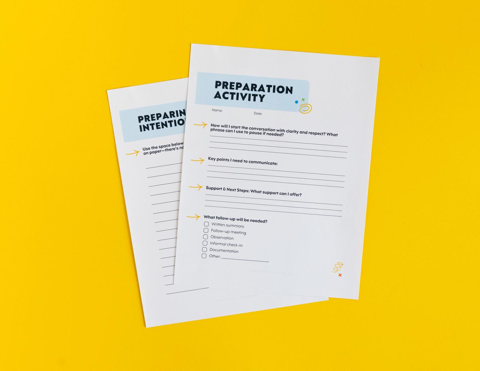 Sheet of paper that says "preparation activity" lays on a yellow background.