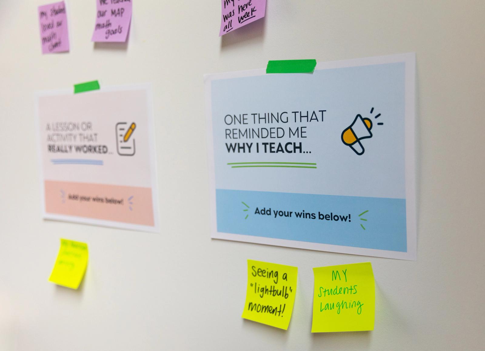 Two posters hang on a white wall with colorful post-its surrounding them. 