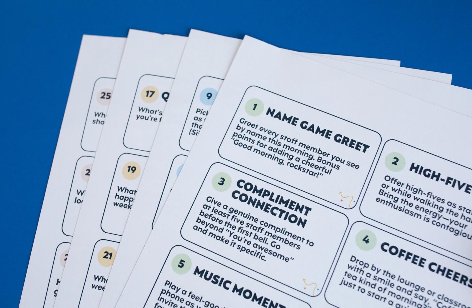 Close up of sheets of paper with small notecards on them on a blue background.