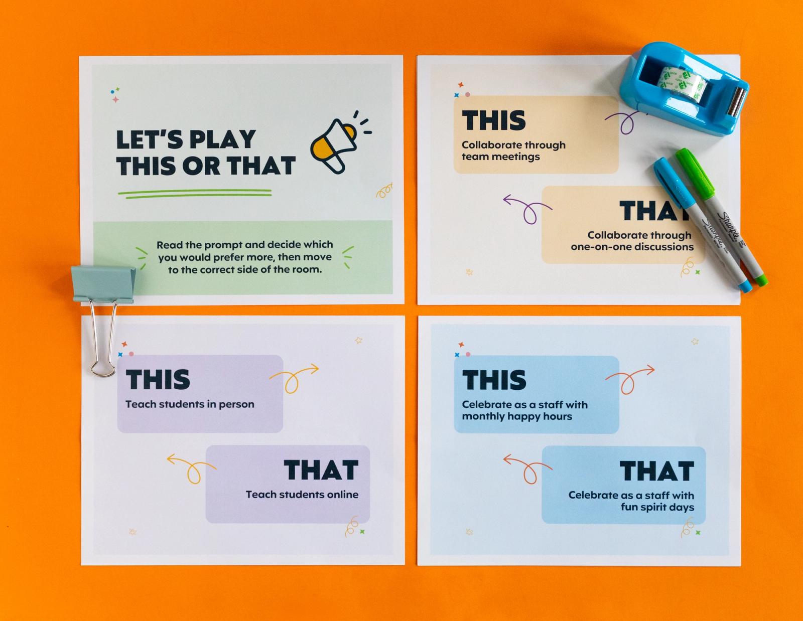 Four pieces of paper with "this" or "that" questions on them along with pens, paper clips, and a tape dispenser on an orange background.
