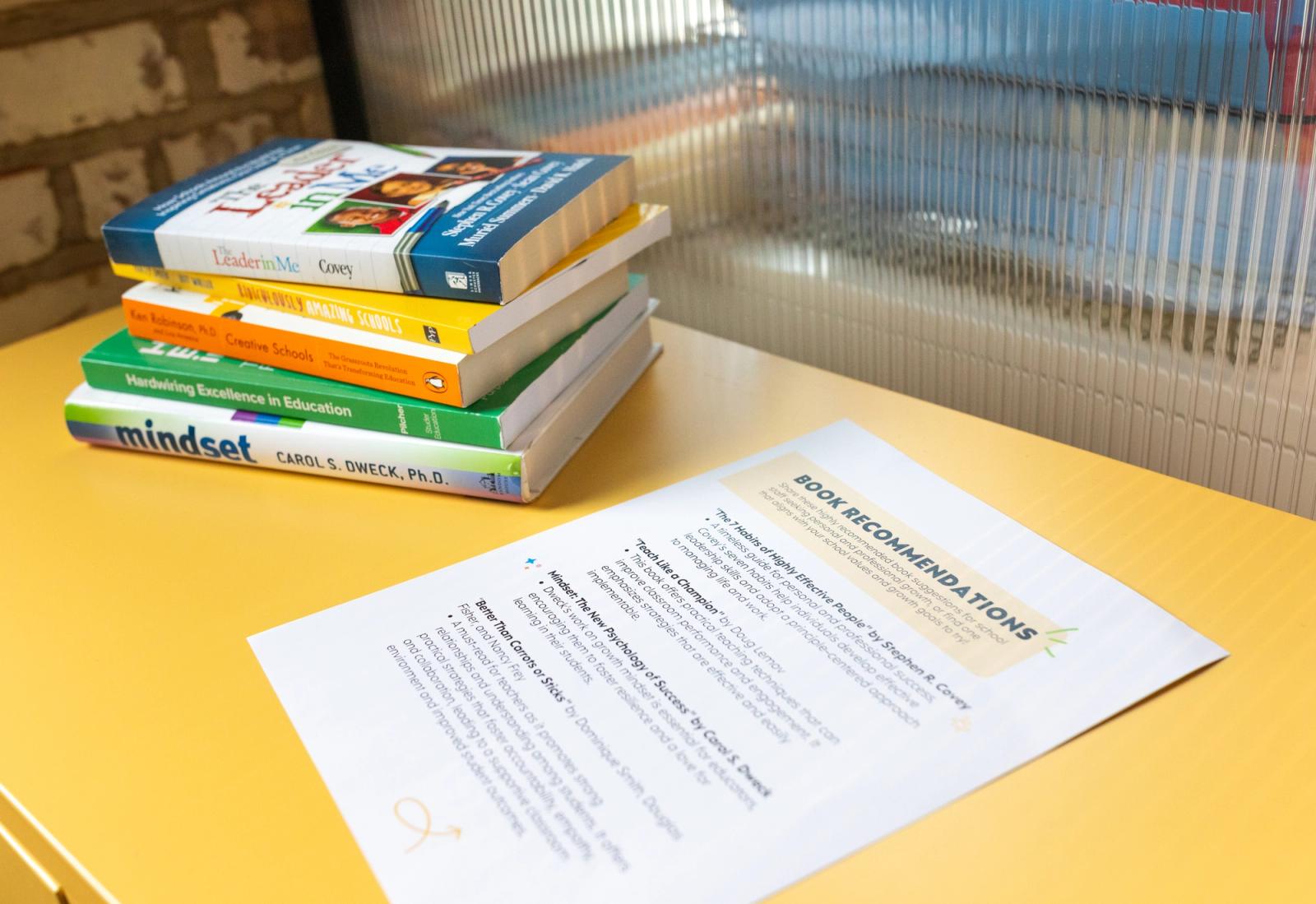 A stack of books and a sheet of paper lay on a yellow table.