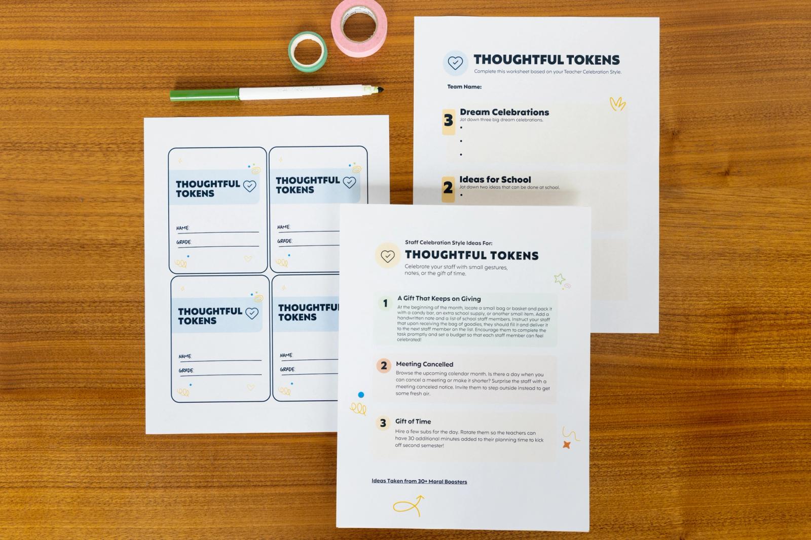 Three sheets of paper that say "thoughtful tokens" tape, and marker lay on a table.
