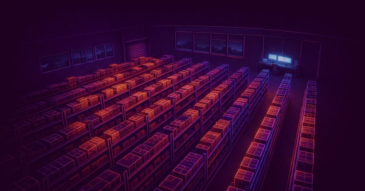 Neon colored image of a a large warehouse with multiple long rows of tall storage shelves filled with boxes.
