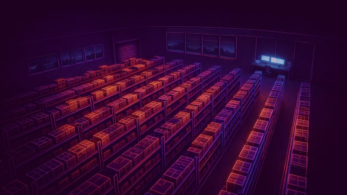Neon colored image of a a large warehouse with multiple long rows of tall storage shelves filled with boxes.