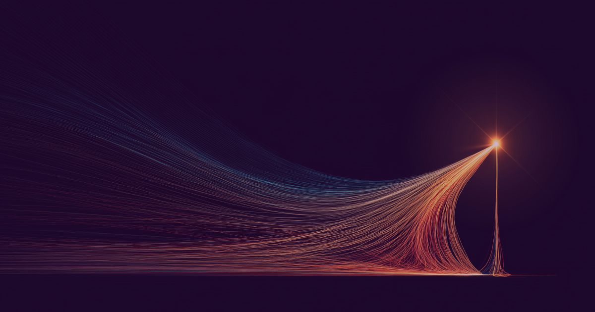 Piirros, jossa laaja datavirta kulkee hehkuvan suppilon läpi ja sen kapeasta päästä syntyy kirkas tähti – vertauskuva yritysdatapalvelun tavasta jalostaa tieto arvokkaaksi yhteydeksi.