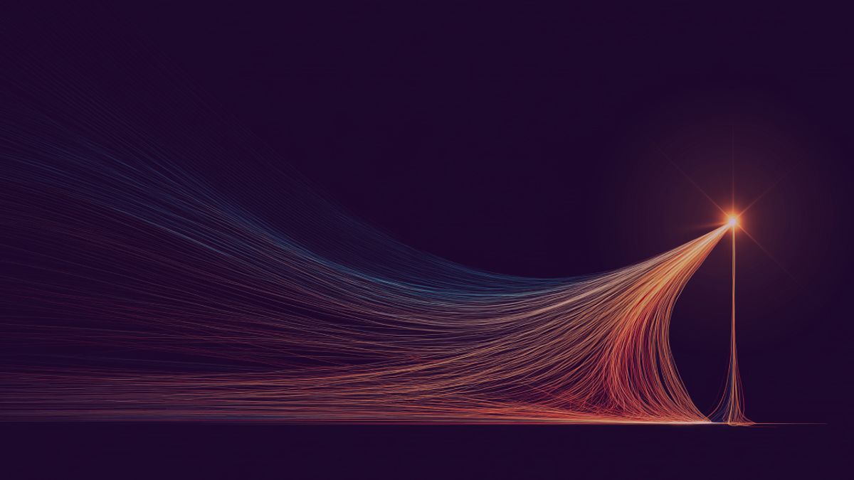 Piirros, jossa laaja datavirta kulkee hehkuvan suppilon läpi ja sen kapeasta päästä syntyy kirkas tähti – vertauskuva yritysdatapalvelun tavasta jalostaa tieto arvokkaaksi yhteydeksi.