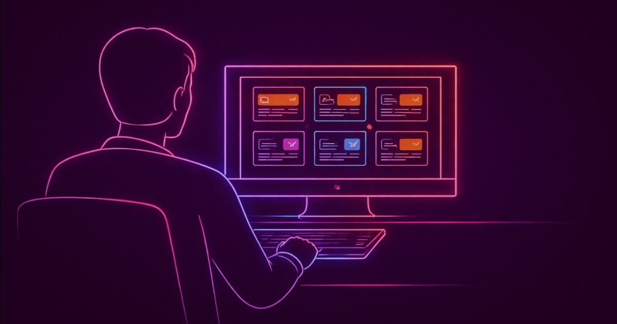 Neon colored image of a desktop monitor displaying a grid of multiple blog post preview cards (6–8 small rectangles with headers and text lines).