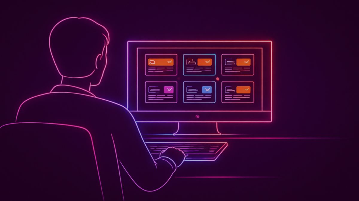 Neon colored image of a desktop monitor displaying a grid of multiple blog post preview cards (6–8 small rectangles with headers and text lines).