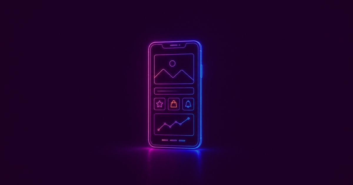 Neon colored image of a single modern smartphone displaying an elegant mobile app interface with subtle image, navigation, shopping, notification and analytics elements.