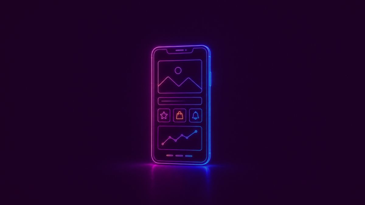 Neon colored image of a single modern smartphone displaying an elegant mobile app interface with subtle image, navigation, shopping, notification and analytics elements.
