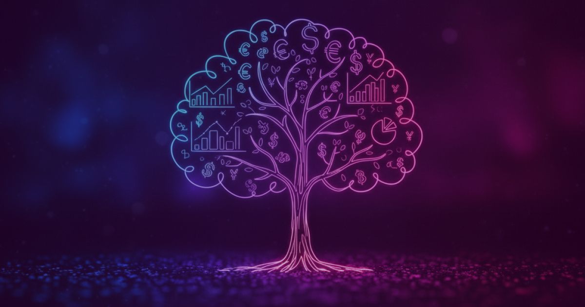 Neon colored image of a glowing family tree with business figures between the leaves.