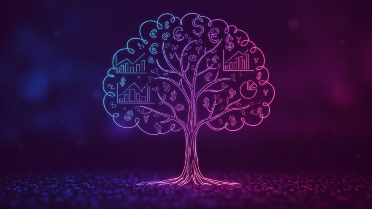 Neon colored image of a glowing family tree with business figures between the leaves.