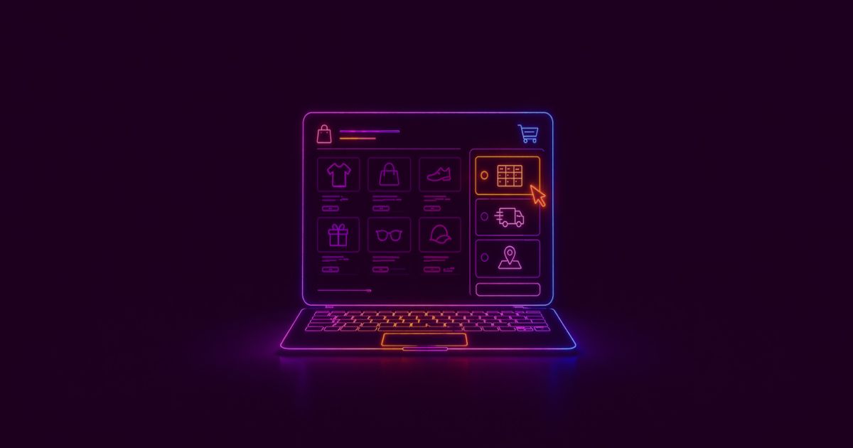 Neon colored image of a close-up of a checkout interface focusing on delivery option selection cards inside a laptop screen.