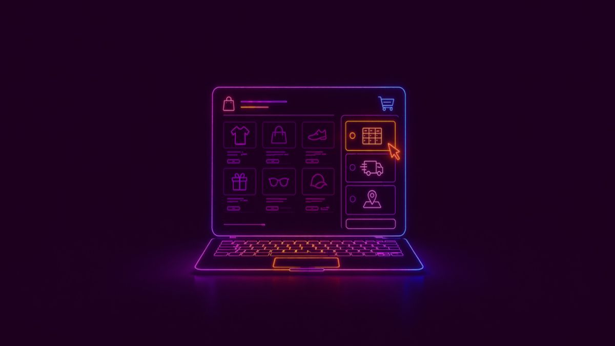 Neon colored image of a close-up of a checkout interface focusing on delivery option selection cards inside a laptop screen.